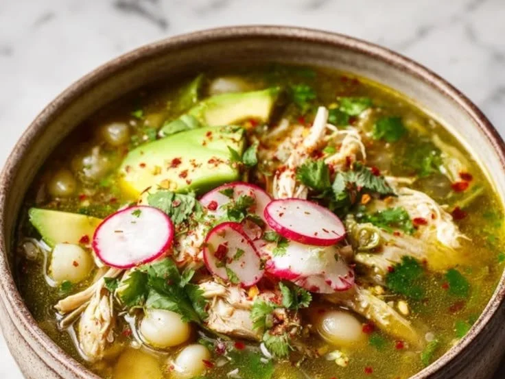 Bowl of Chicken Pozole Verde garnished with radishes and avocado