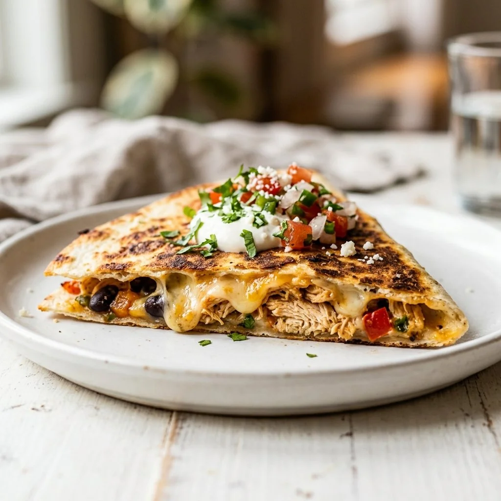 Homemade Chicken Quesadilla filled with cheese and grilled chicken on a plate