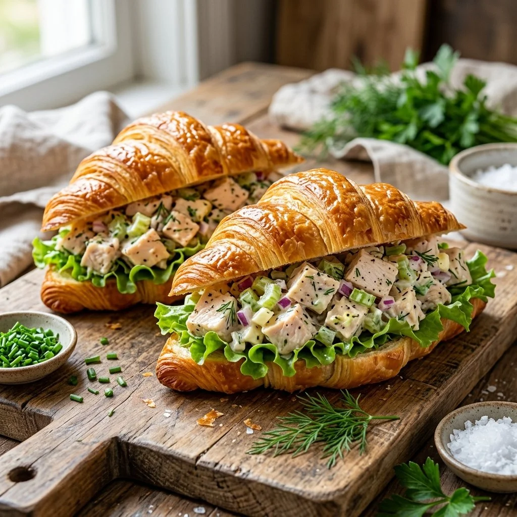 Delicious chicken salad croissants surrounded by fresh greens