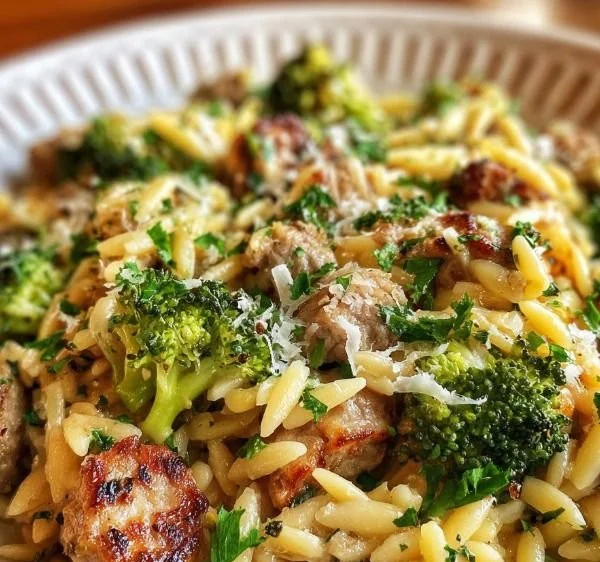 Chicken sausage with broccoli and orzo in a savory dish