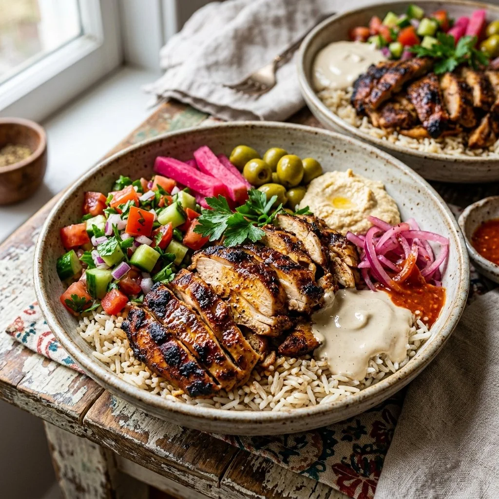 Delicious Chicken Shawarma Bowl with fresh vegetables and spices