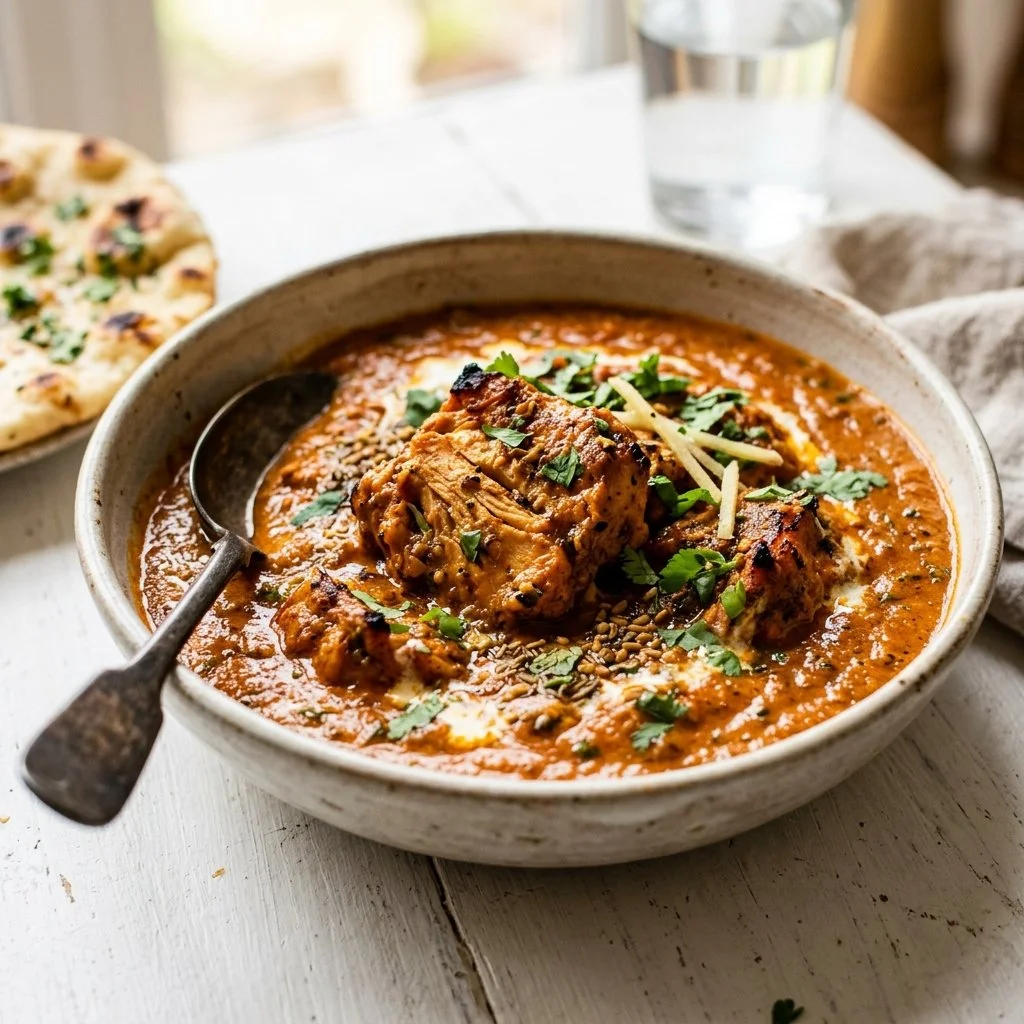 Delicious Chicken Tikka Masala served with rice and naan bread.