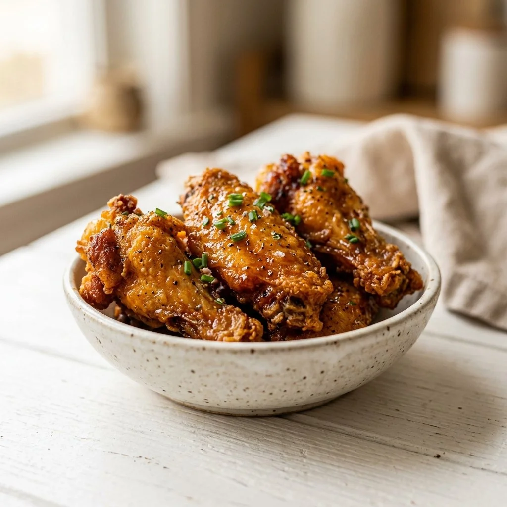 Plate of crispy chicken wings with various sauces