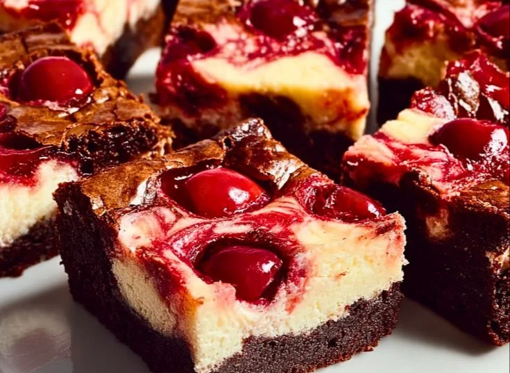 Delicious Chocolate Cherry Cheesecake Brownies on a white plate