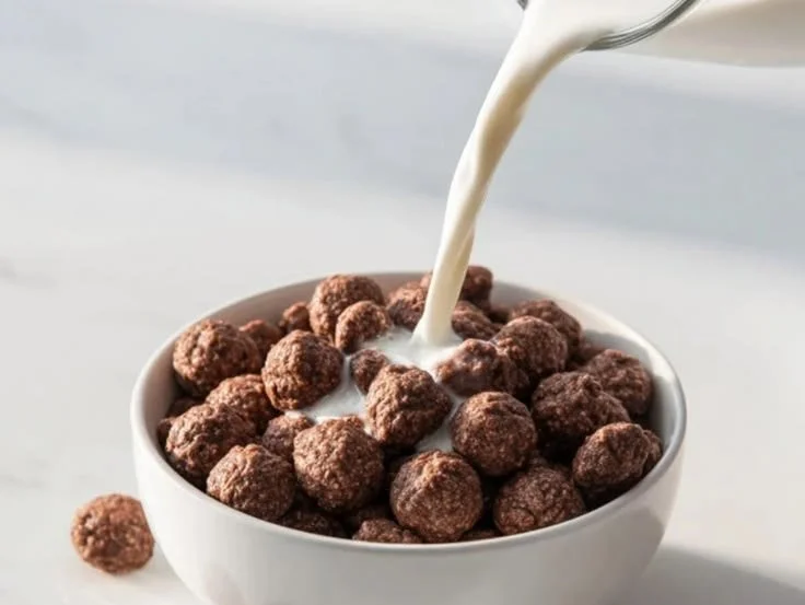 Bowl of Chocolate Cocoa Puffs cereal with milk and spoon