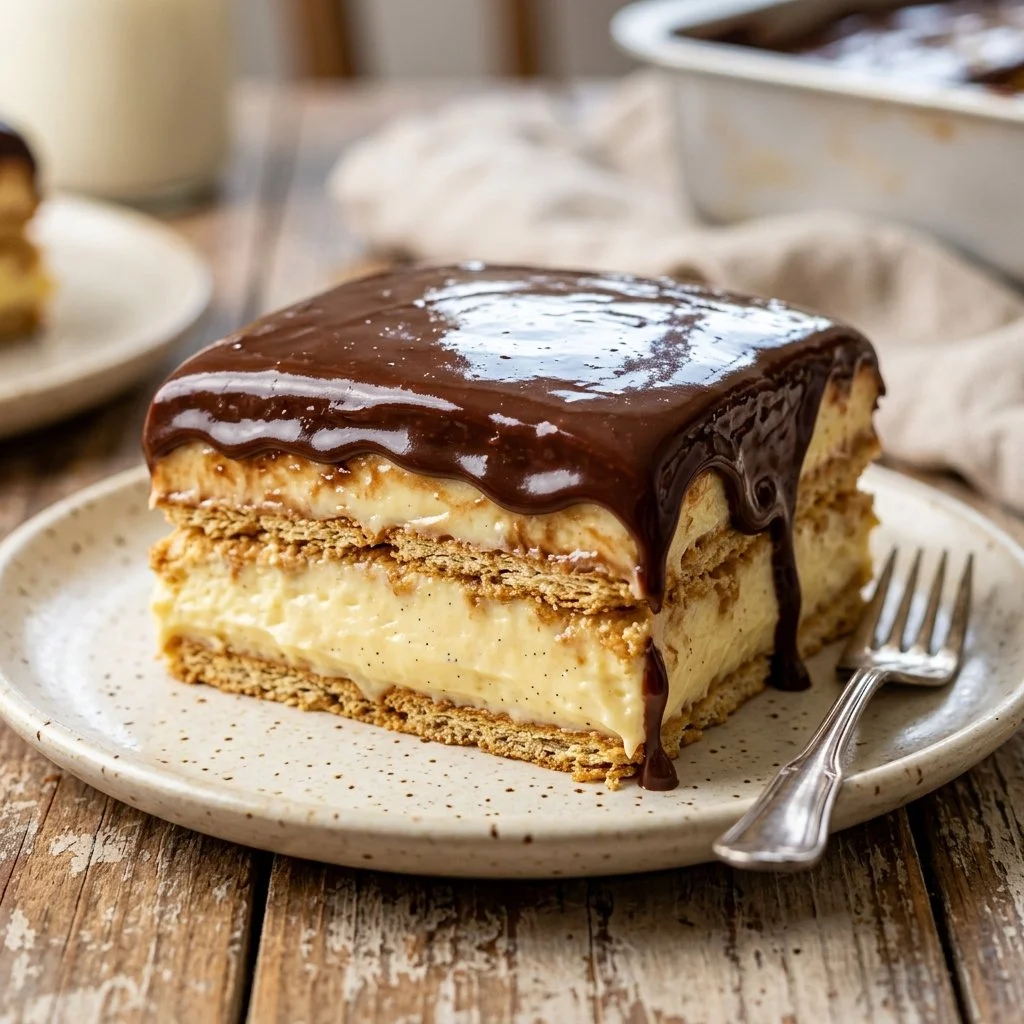 Delicious Chocolate Eclair Cake topped with chocolate frosting and garnished.