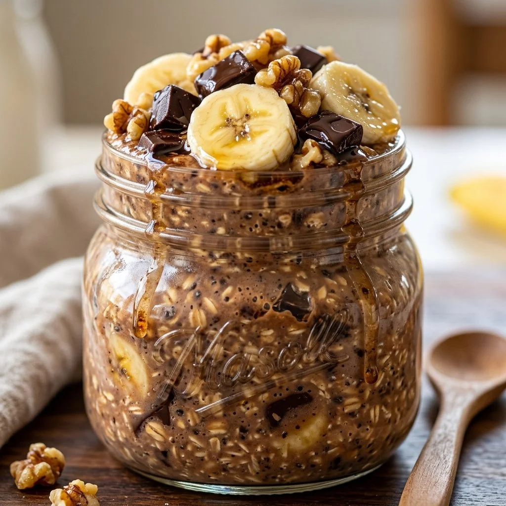 Bowl of Chunky Monkey Overnight Oats with bananas and chocolate chips