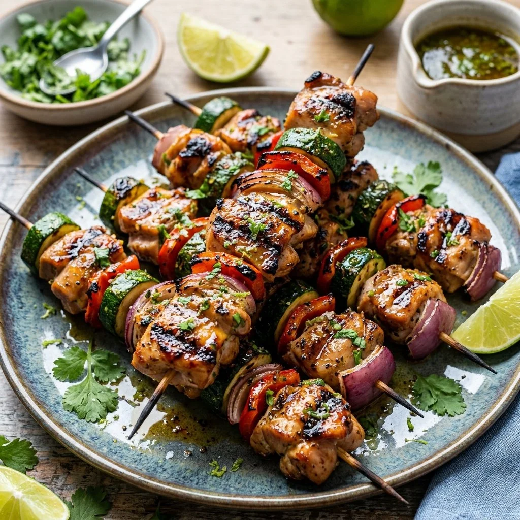Cilantro lime chicken skewers grilled to perfection with vibrant green herbs.