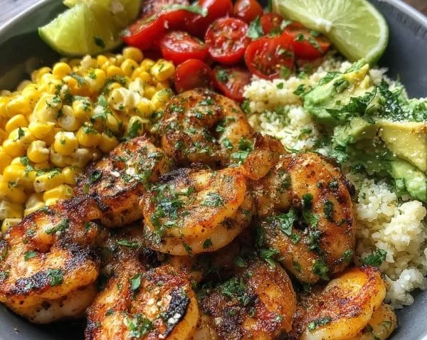 Cilantro lime shrimp bowl topped with fresh ingredients and garnished.