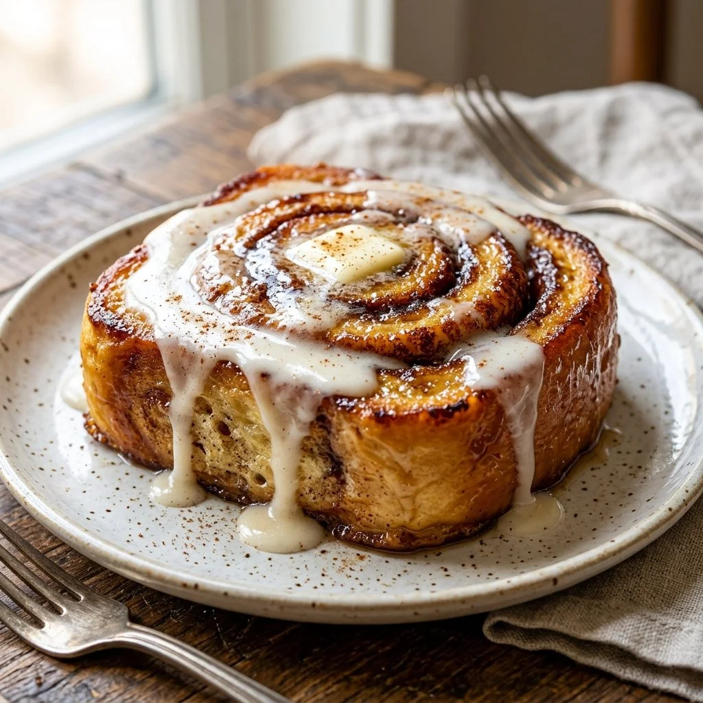 Delicious cinnamon roll French toast topped with icing and fresh berries.