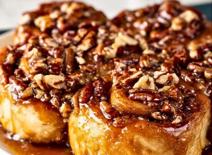 Delicious cinnamon rolls with pecans drizzled with cream cheese icing