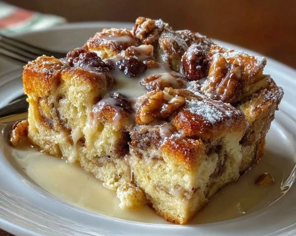 Cinnamon Swirl Eggnog Bread Pudding served in a festive dish