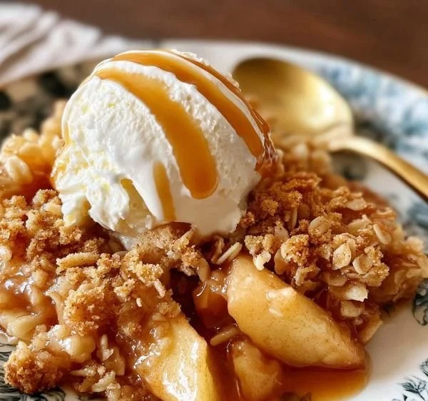 Delicious classic baked spiced apple crisp with cinnamon and oat topping