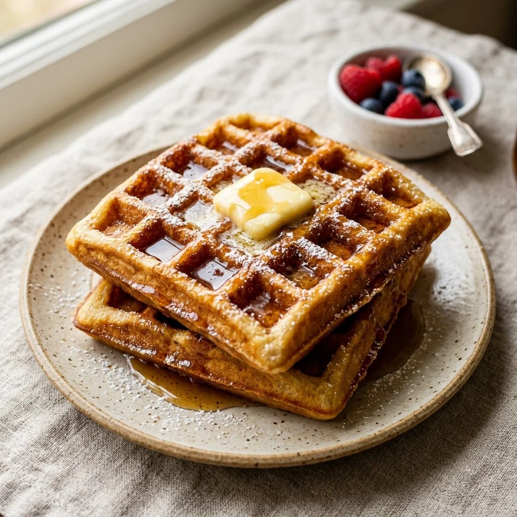Delicious classic Belgian waffles topped with strawberries and whipped cream