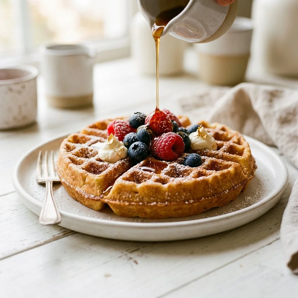 Delicious classic Belgian waffles topped with fresh berries and syrup