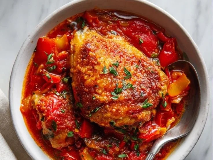 Delicious classic chicken cacciatore served with herbs and vegetables