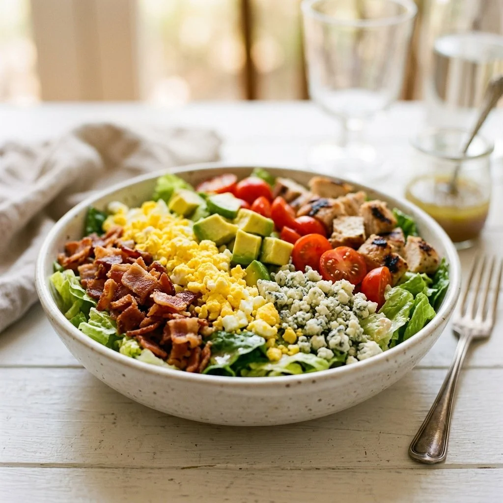 Delicious and fresh classic Cobb Salad with bacon, avocado, and blue cheese.