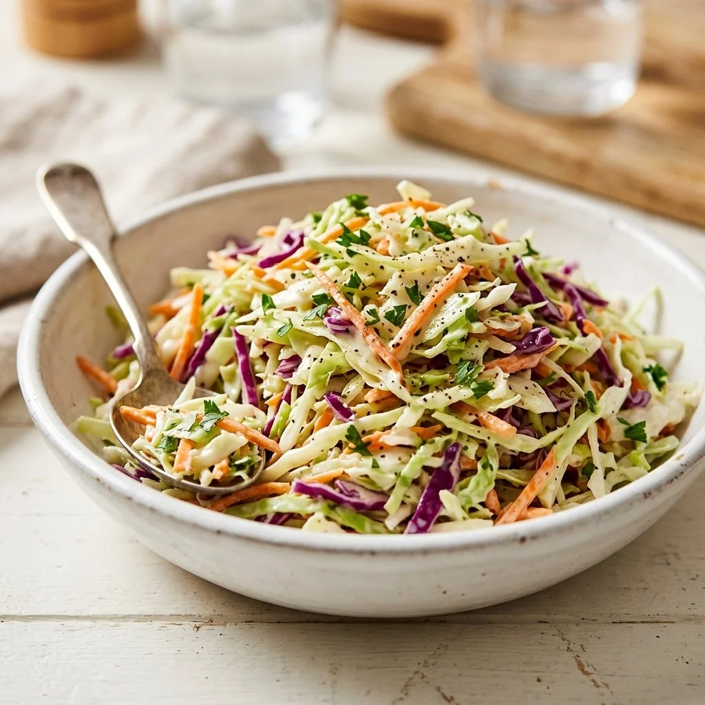 Bowl of classic coleslaw made with cabbage, carrots, and creamy dressing