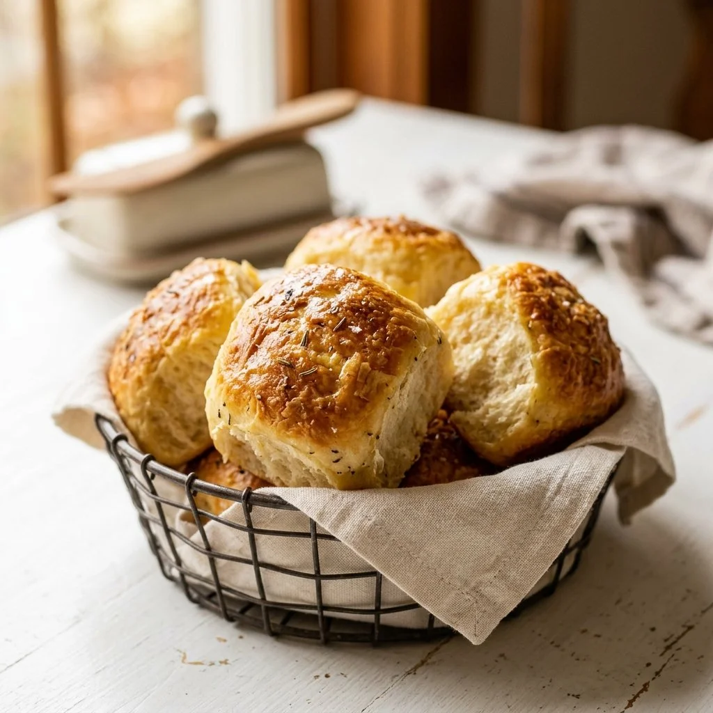 Freshly baked classic dinner rolls served on a wooden table