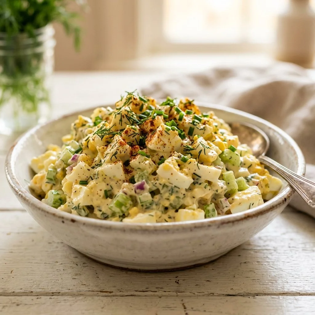 Delicious classic egg salad served on a plate garnished with herbs and spices.