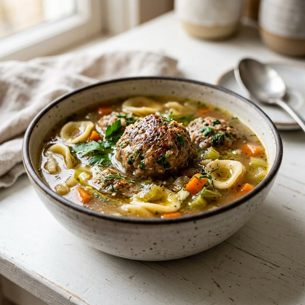 Bowl of classic meatball soup with fresh herbs and vegetables