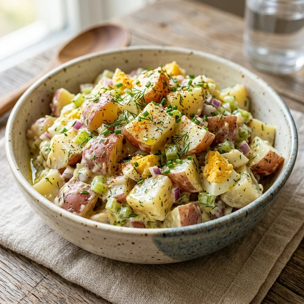 Bowl of classic potato salad with herbs and dressing, perfect for summer picnics.