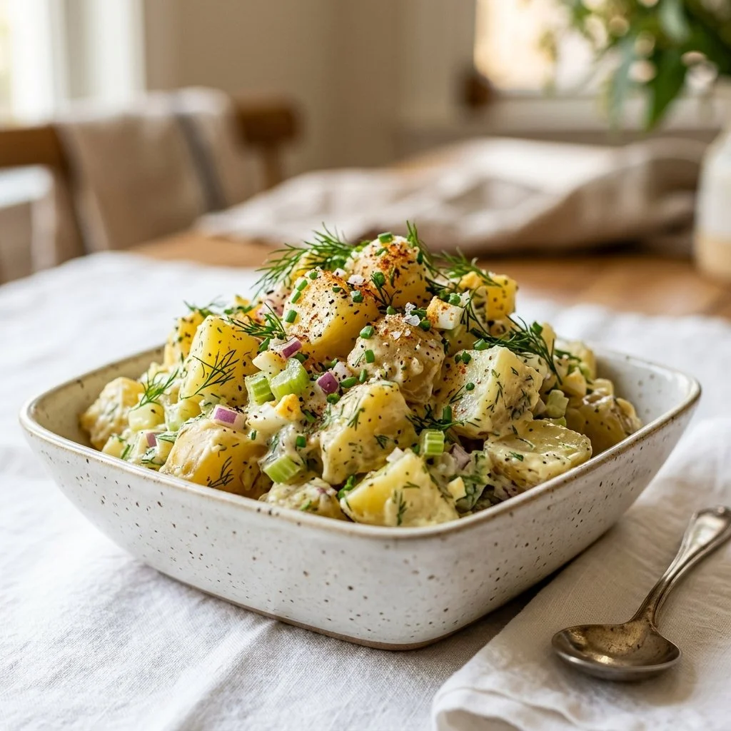 Classic Potato Salad Recipe served in a bowl with fresh herbs