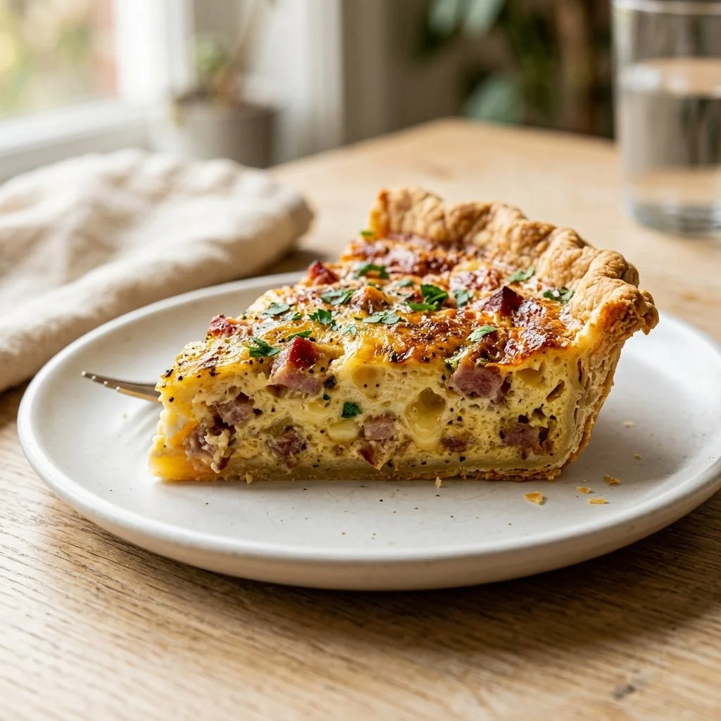 Delicious and golden Classic Quiche served on a white plate