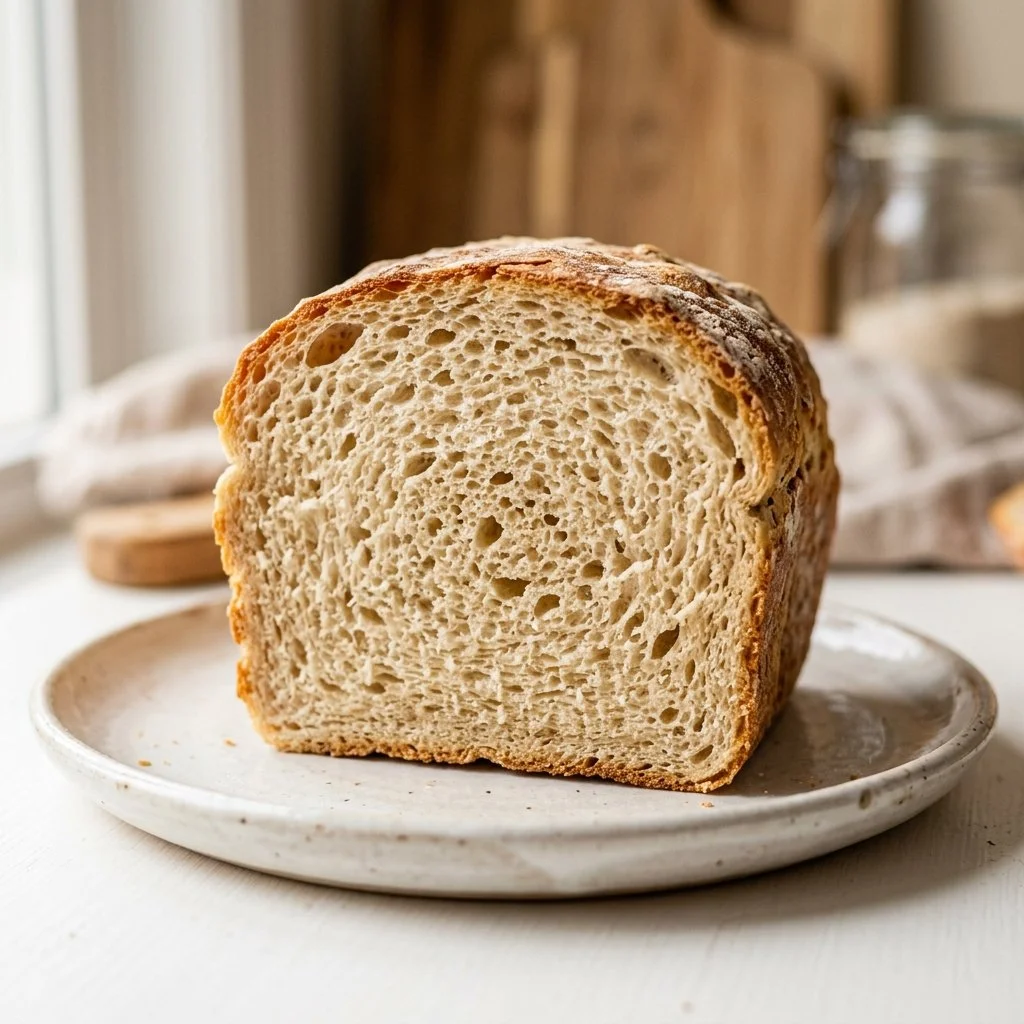 Loaf of homemade classic sandwich bread on a wooden cutting board