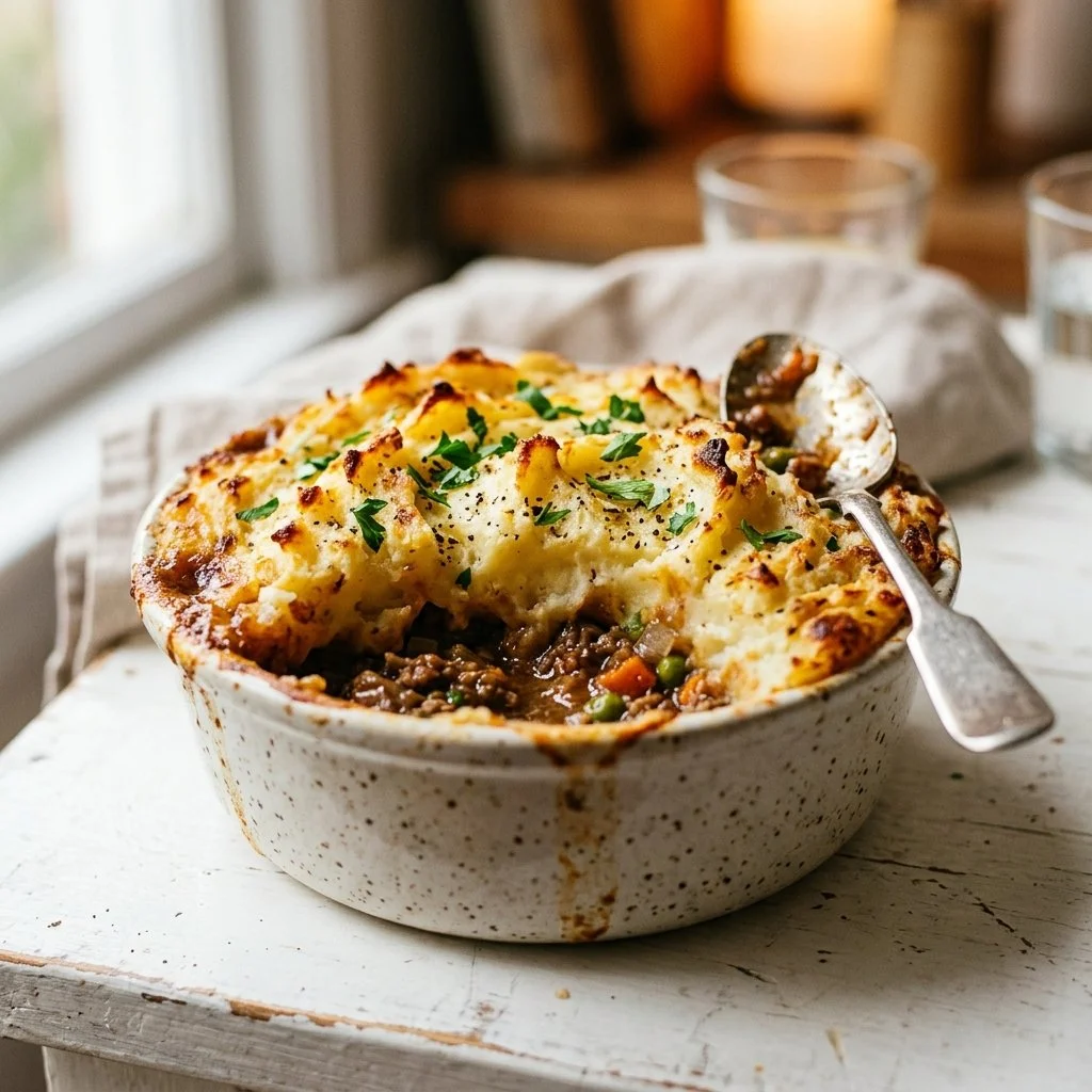 Classic Shepherd's Pie served with mashed potatoes and vegetables