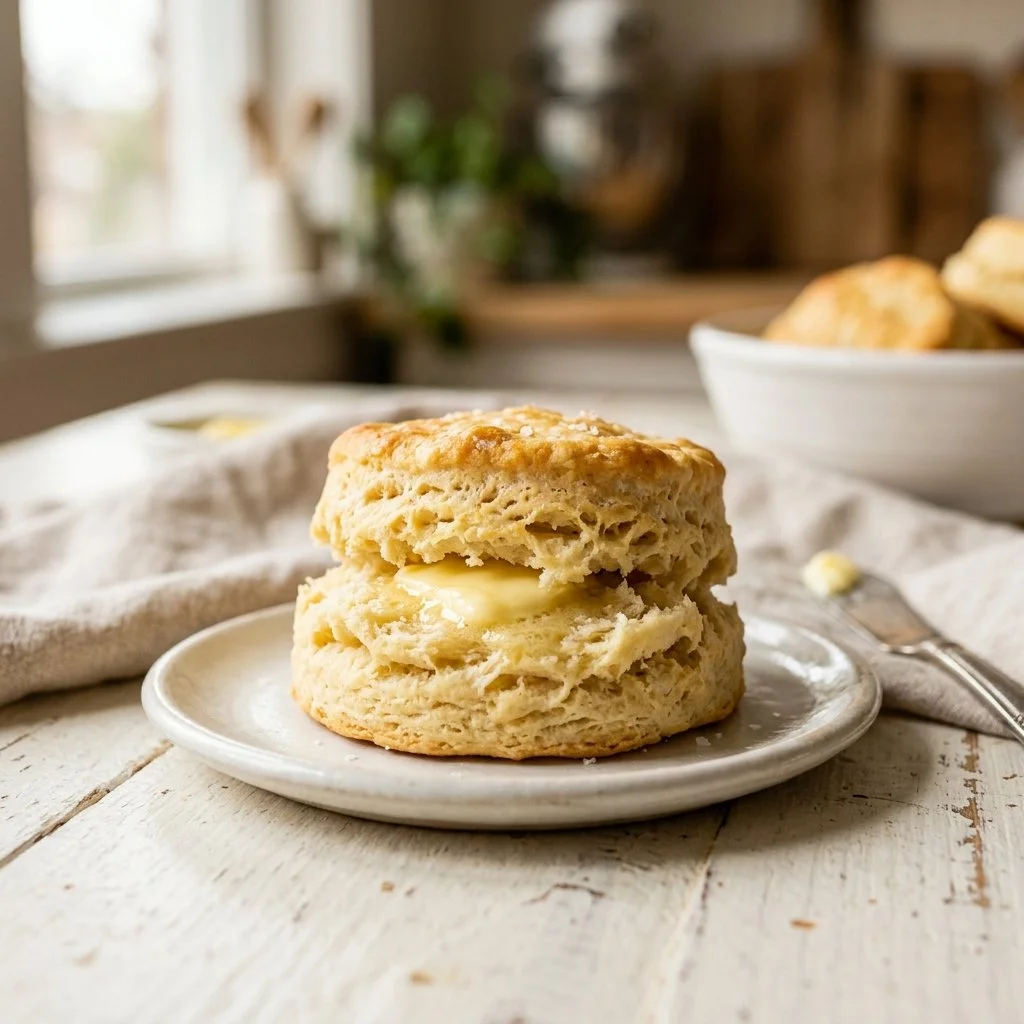 Fluffy and golden classic Southern biscuits on a rustic wooden table.