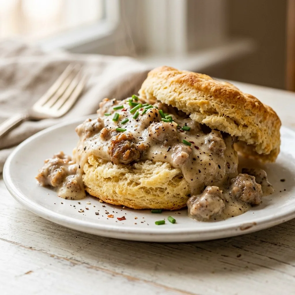 Classic Southern biscuits topped with rich sausage gravy