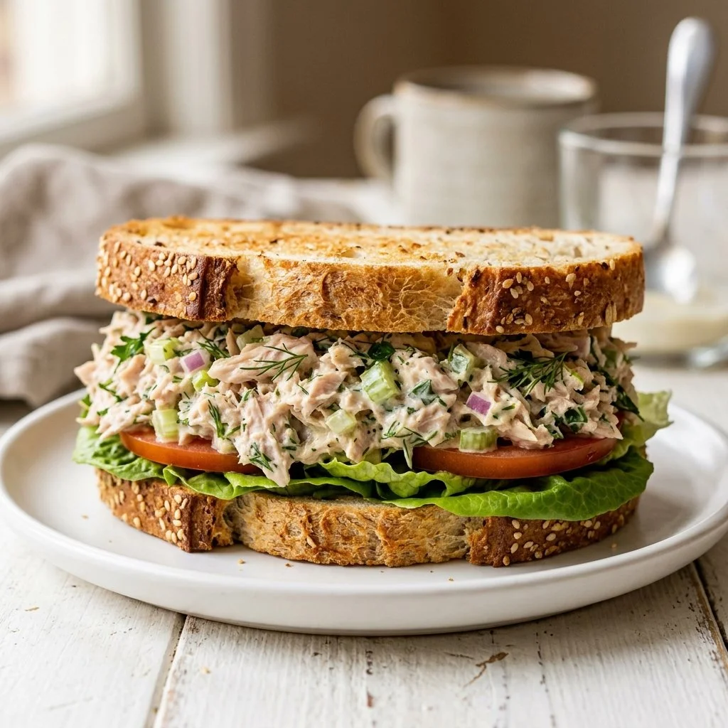 Classic tuna salad sandwich served on whole grain bread