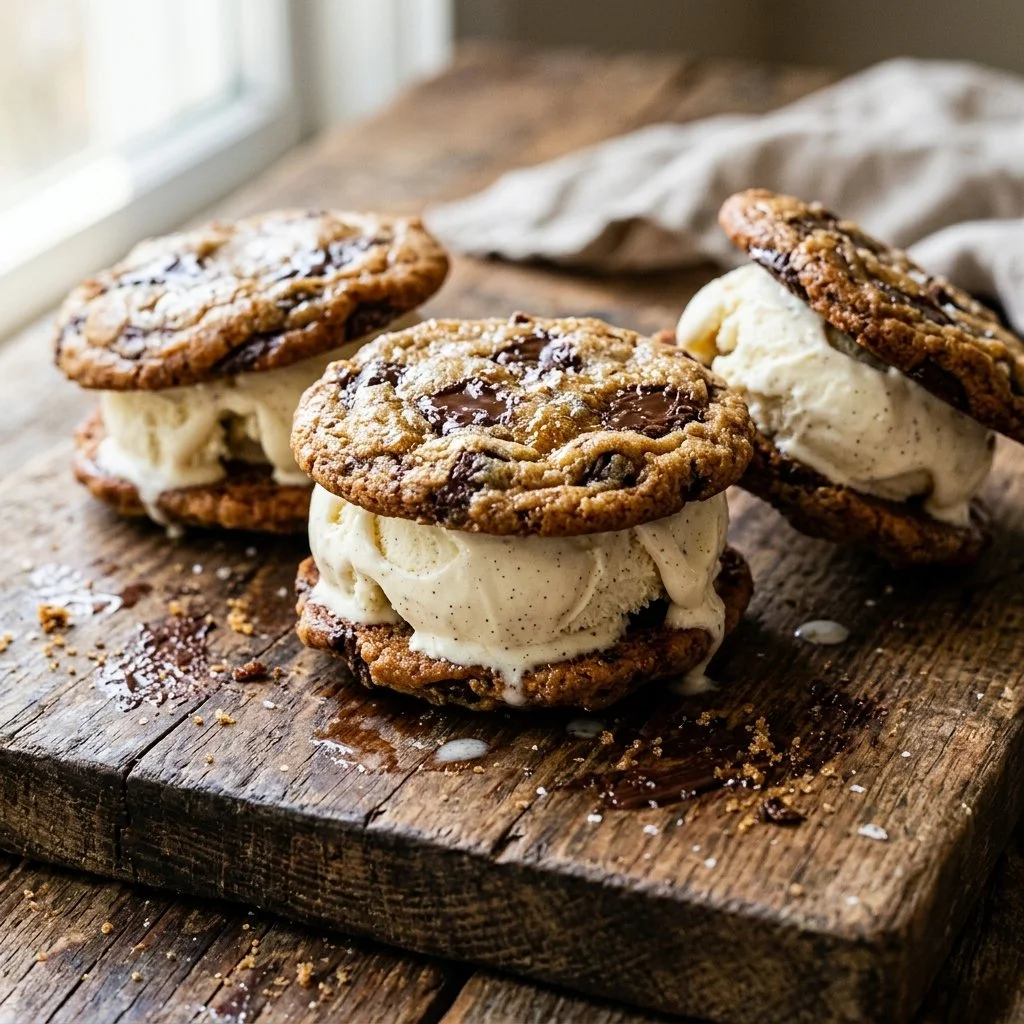 Delicious cookie ice cream sandwiches filled with creamy ice cream