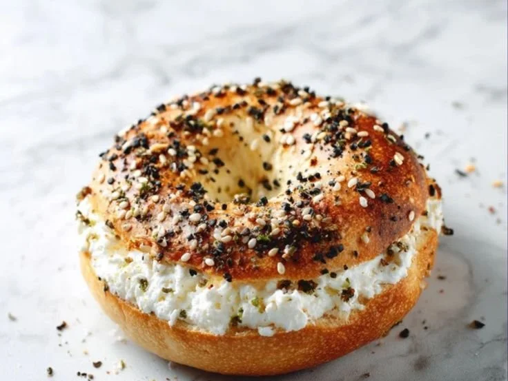 Homemade Cottage Cheese Bagels freshly baked on a wooden board