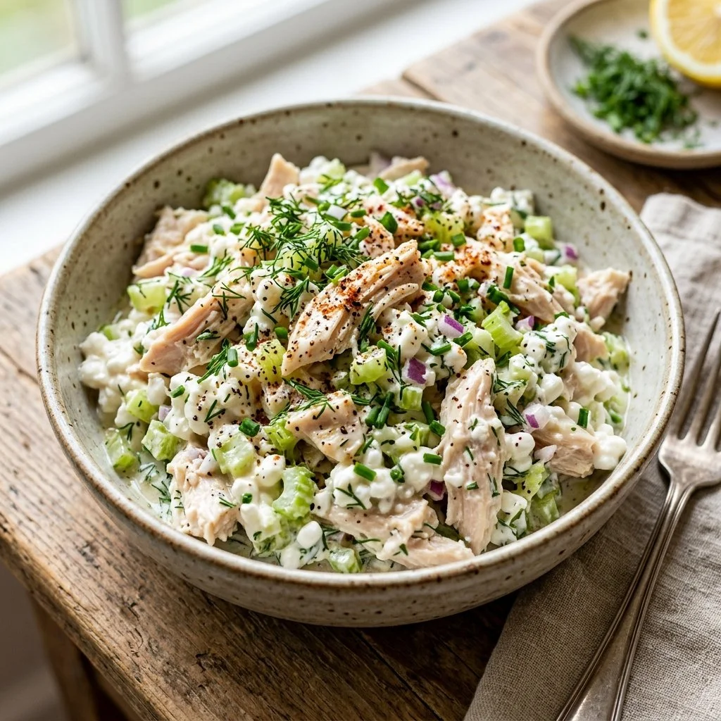 Cottage cheese chicken salad served in a bowl with fresh vegetables