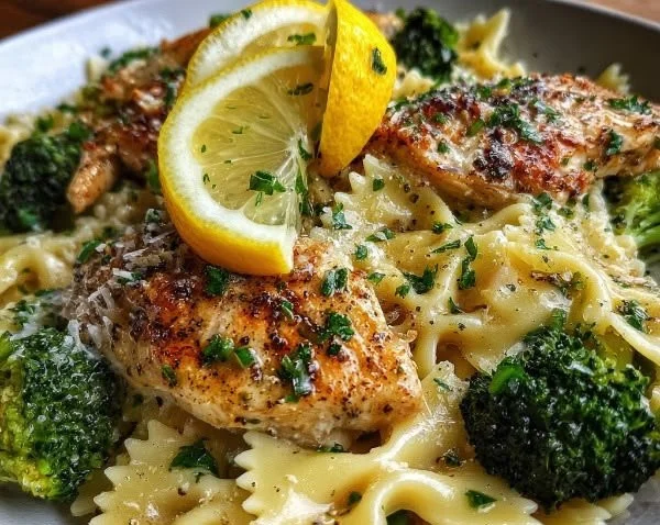 Cowboy Butter Lemon Chicken served with bowtie pasta and broccoli on a plate