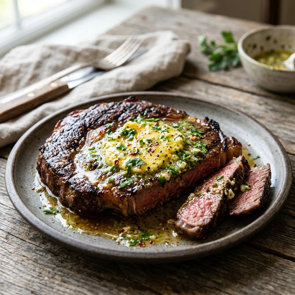 Delicious Cowboy Butter Steak garnished with herbs and spices