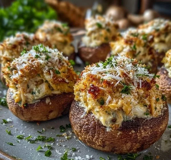 Crab-stuffed mushrooms topped with garlic herb cream cheese ready to serve.