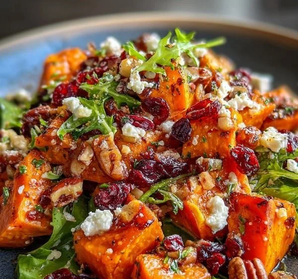 Cranberries and Goat Cheese Sweet Potato Salad served in a bowl