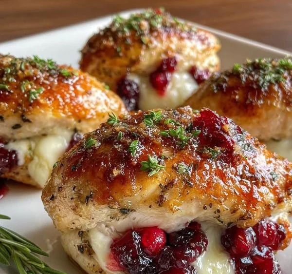 Cranberry Brie Stuffed Chicken served on a plate with fresh herbs