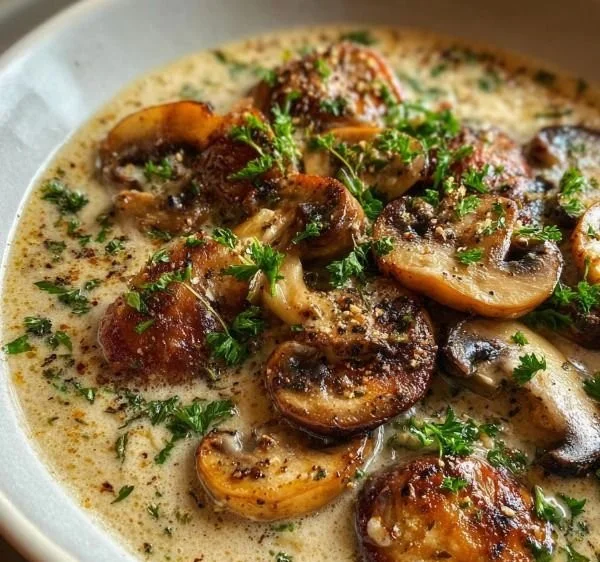 Delicious bowl of cream of mushroom soup garnished with herbs