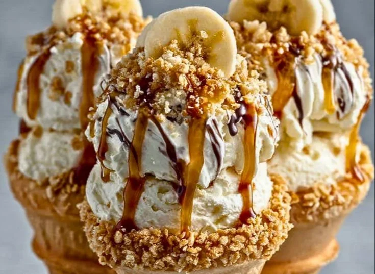 Creamy banana pudding cheesecake cone topped with whipped cream and banana slices