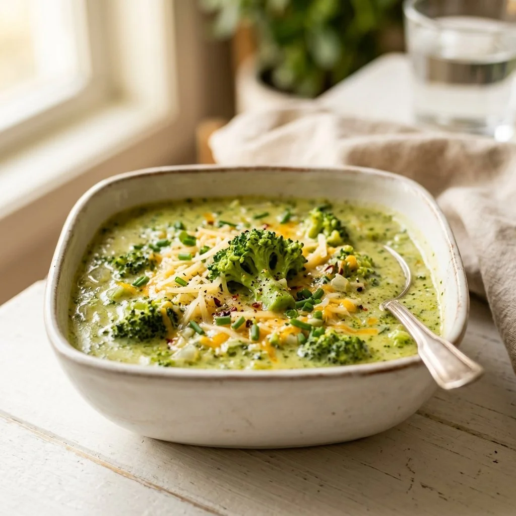 Bowl of creamy broccoli cheddar soup garnished with fresh herbs