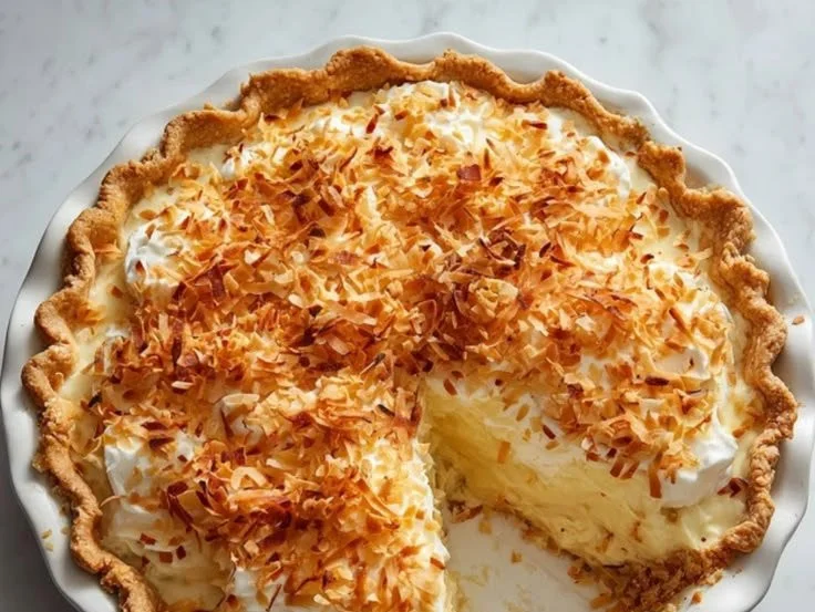 Slice of creamy coconut pie topped with whipped cream and coconut flakes