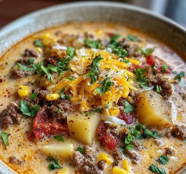 Bowl of creamy cowboy soup topped with fresh herbs and served with bread.