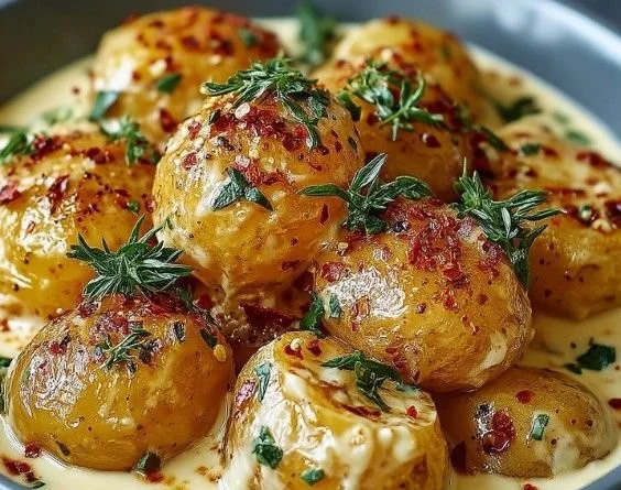 Creamy garlic sauce served over baby potatoes, showcasing a delicious side dish.