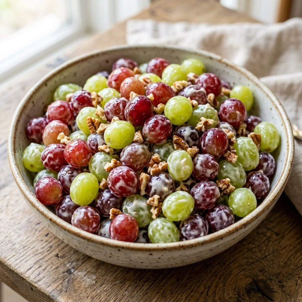 Creamy grape salad with fresh grapes, nuts, and a creamy dressing in a bowl
