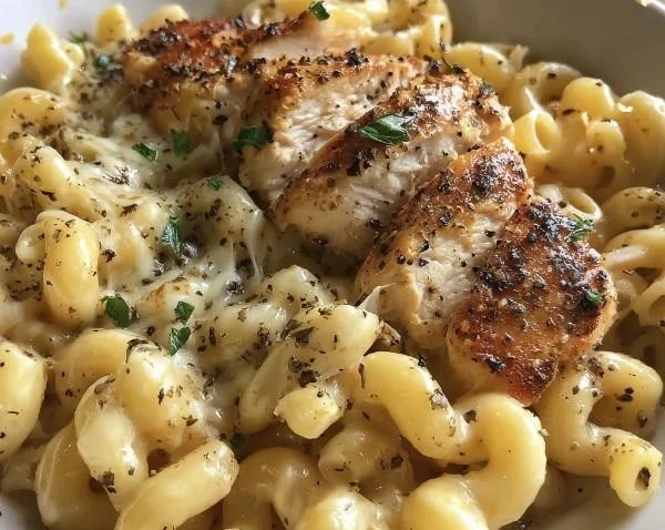 Creamy honey pepper chicken mac and cheese recipe with vibrant colors and textures.