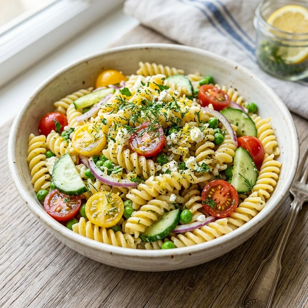 Creamy Lemon Pasta Salad with fresh ingredients and zesty flavor